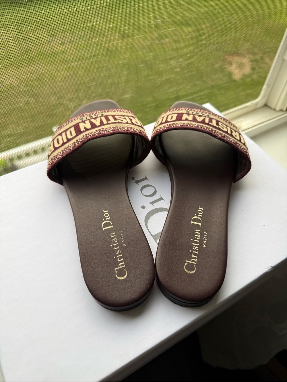 Dior Burgundy and Beige Logo Slide Mules - Picture 3 of 6